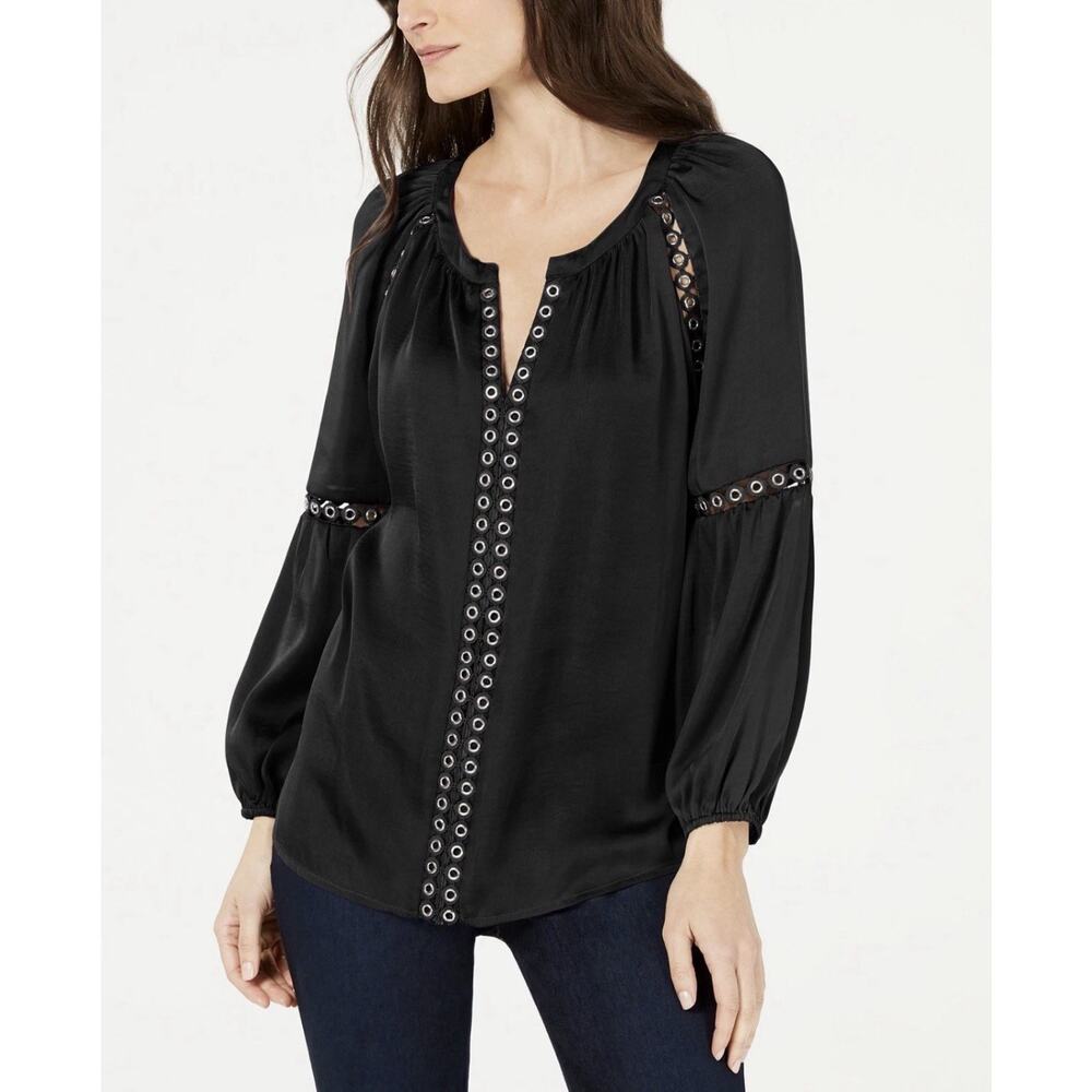 INC Int Concepts Grommet-Trim Peasant Top Black Blouson Loose Fit Sz L - Picture 2 of 6